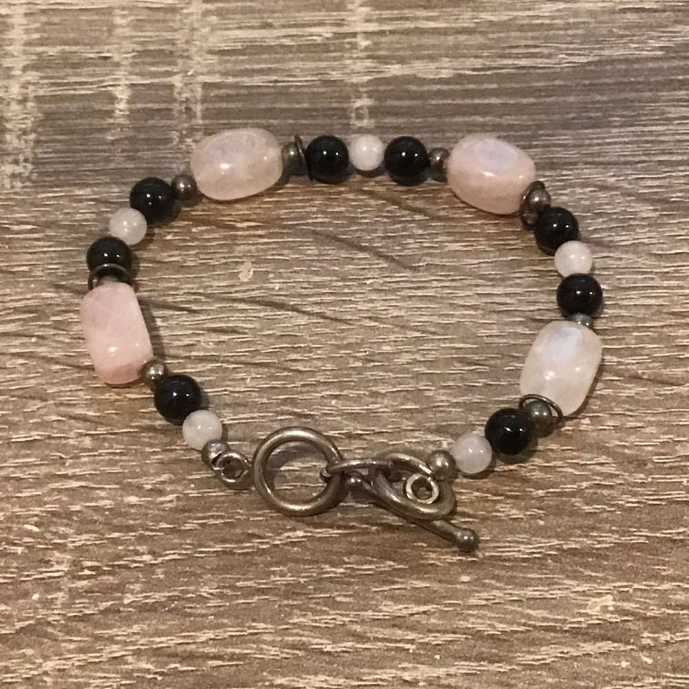 Sterling Silver Rose Quartz & Black Onyx Beaded Toggle Clasp Bracelet 7 3/4" L